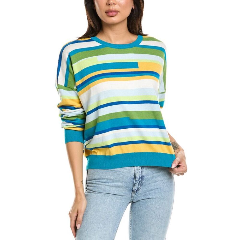 Brodie Cashmere Womens Abstract Stripe Crewneck Cashmere-Blend Sweater, Blue